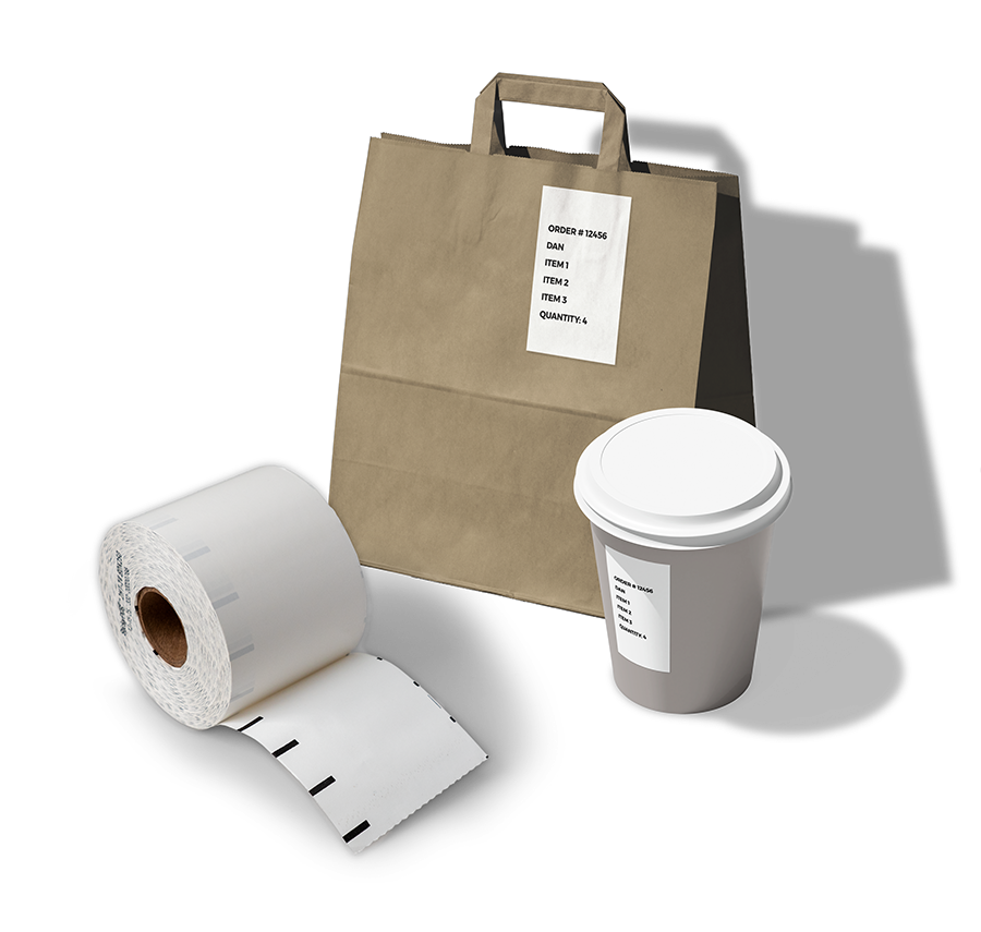 StickyPOS labeled paper bag, cup, and roll of thermal labels