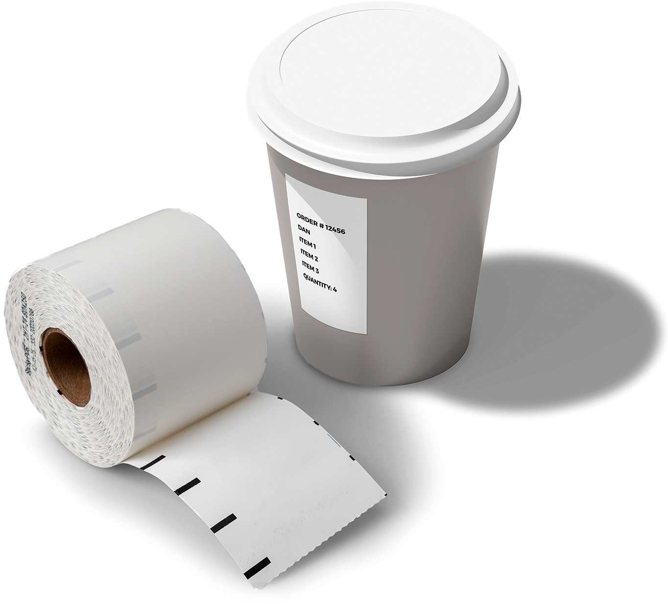 Roll of thermal labels beside a labeled to-go cup